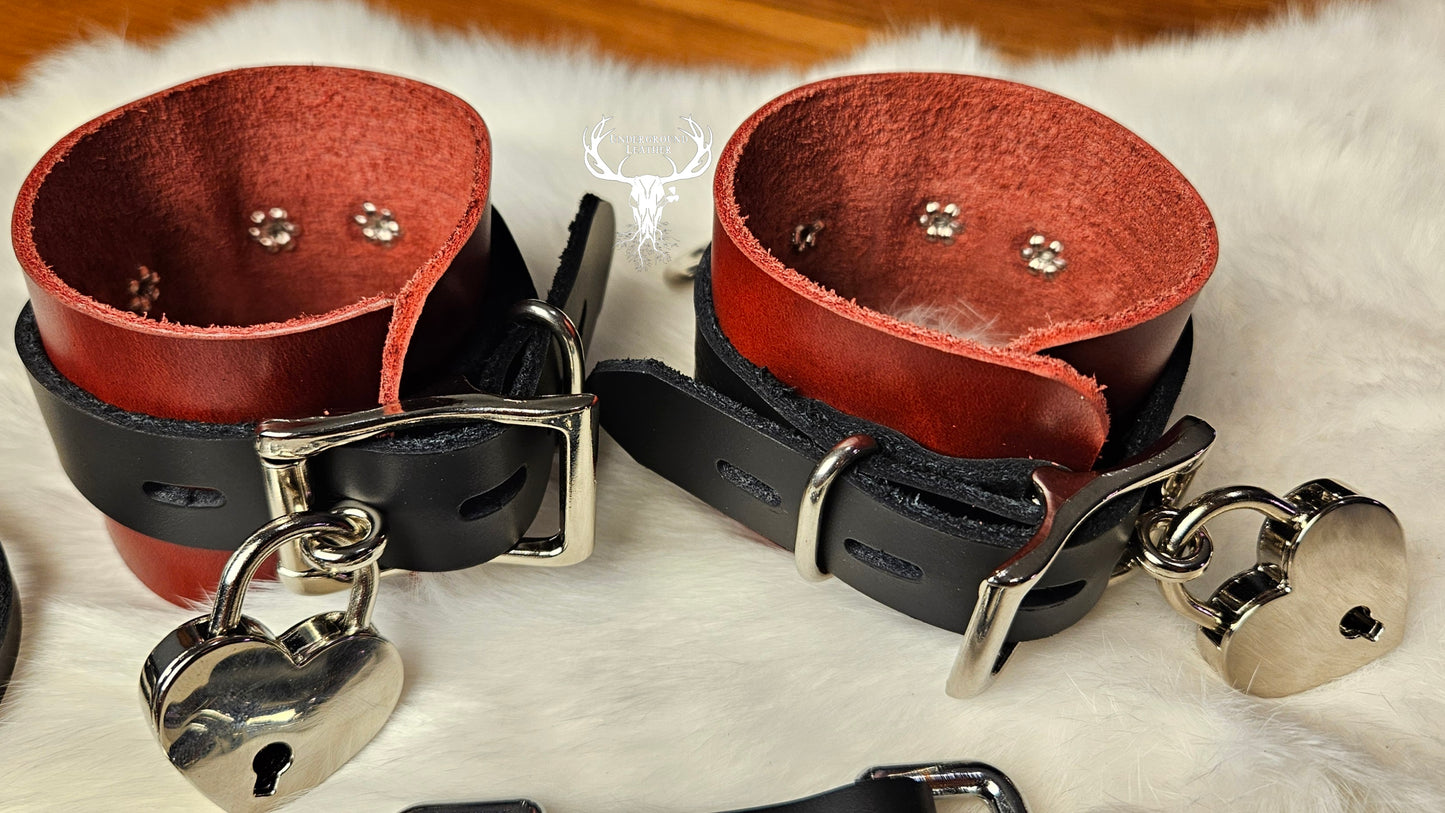 Unpadded Leather Wrist & Ankle cuff set - Red and Black