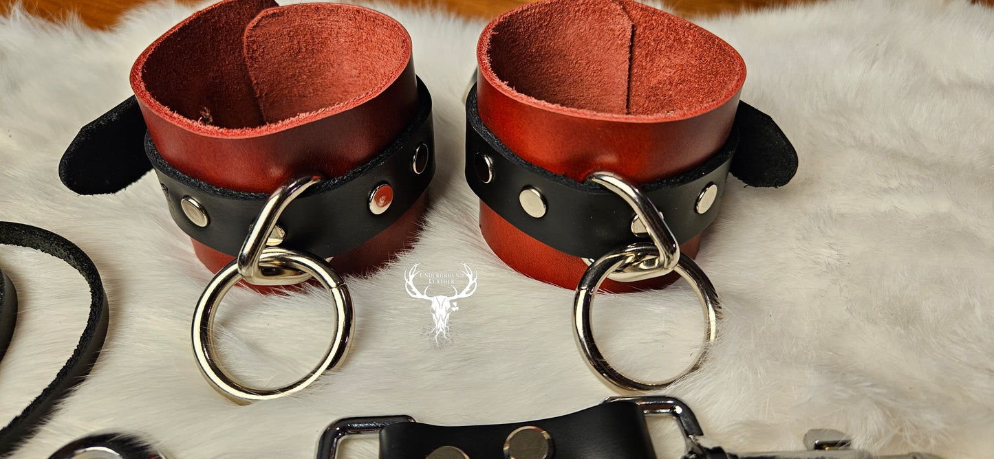 Unpadded Leather Wrist & Ankle cuff set - Red and Black