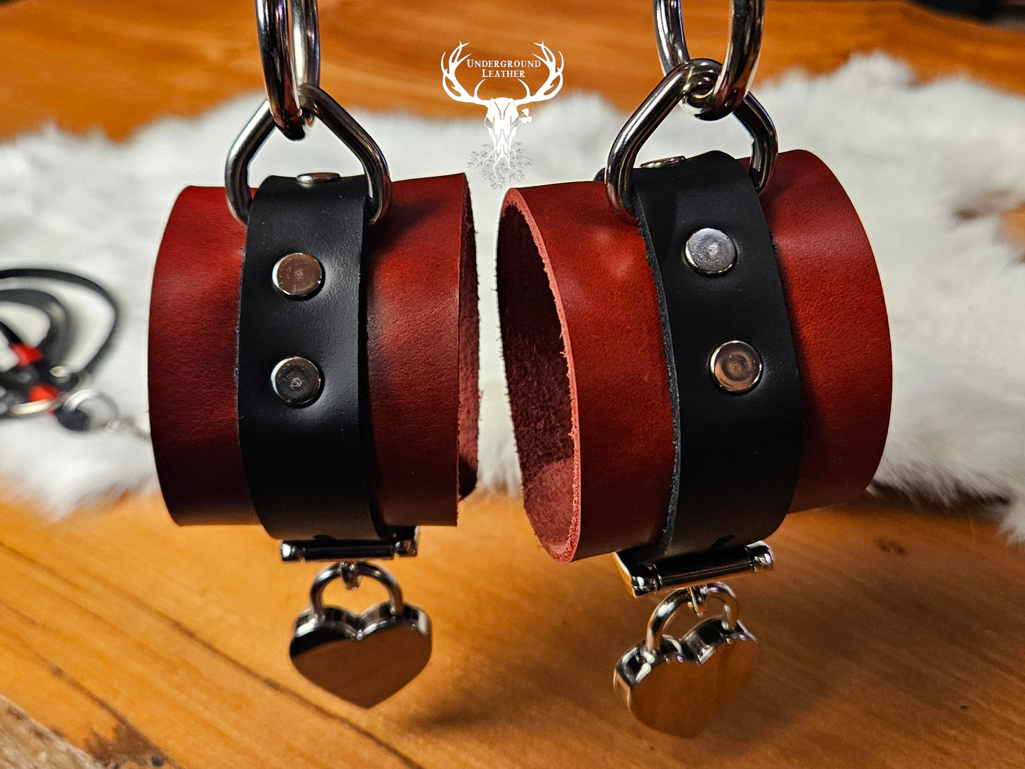 Unpadded Leather Wrist & Ankle cuff set - Red and Black