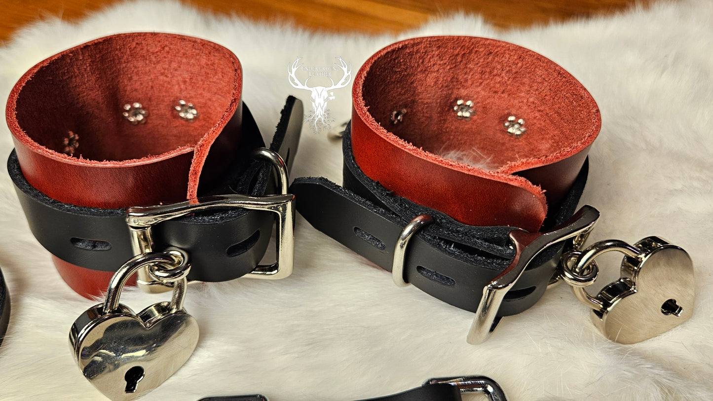 Unpadded Leather Wrist & Ankle cuff set - Oxblood and Black