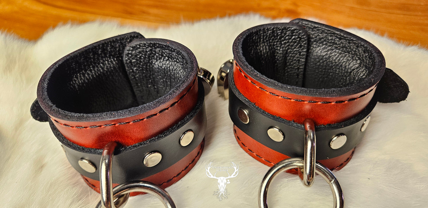 Padded leather Wrist cuff set - Oxblood and Black