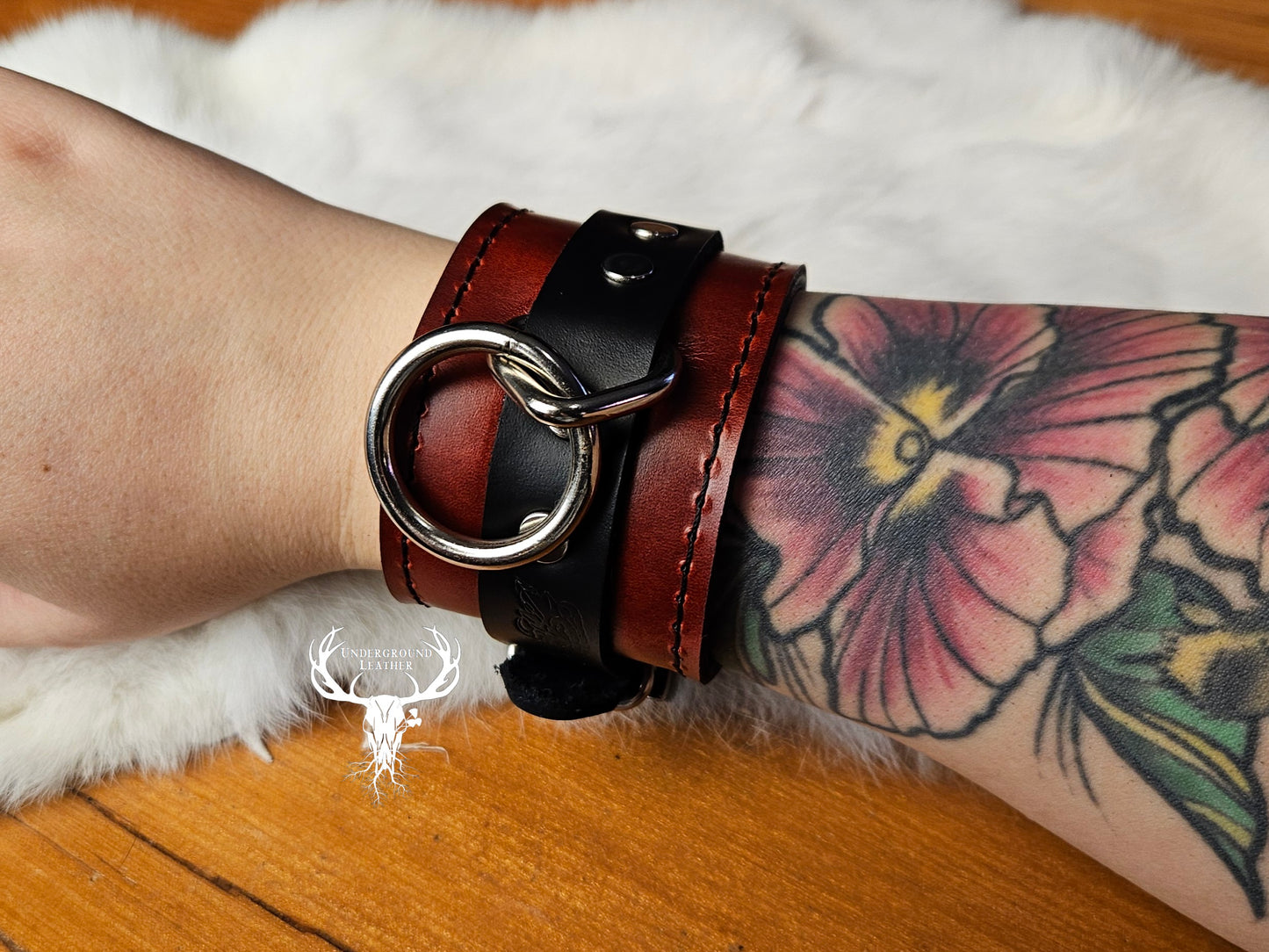 Padded leather Wrist cuff set - Oxblood and Black