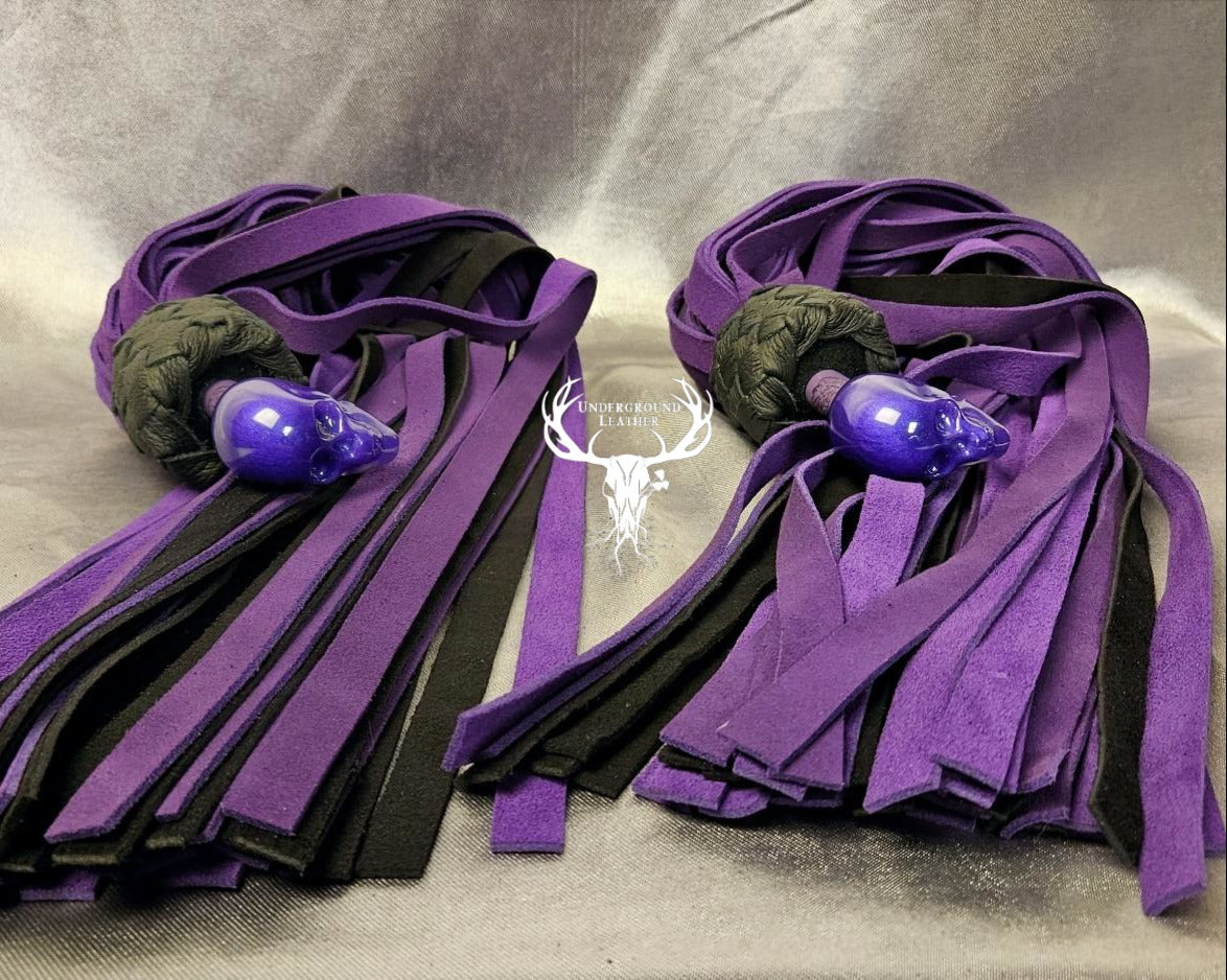 Skull ball handle floggers in purple and black