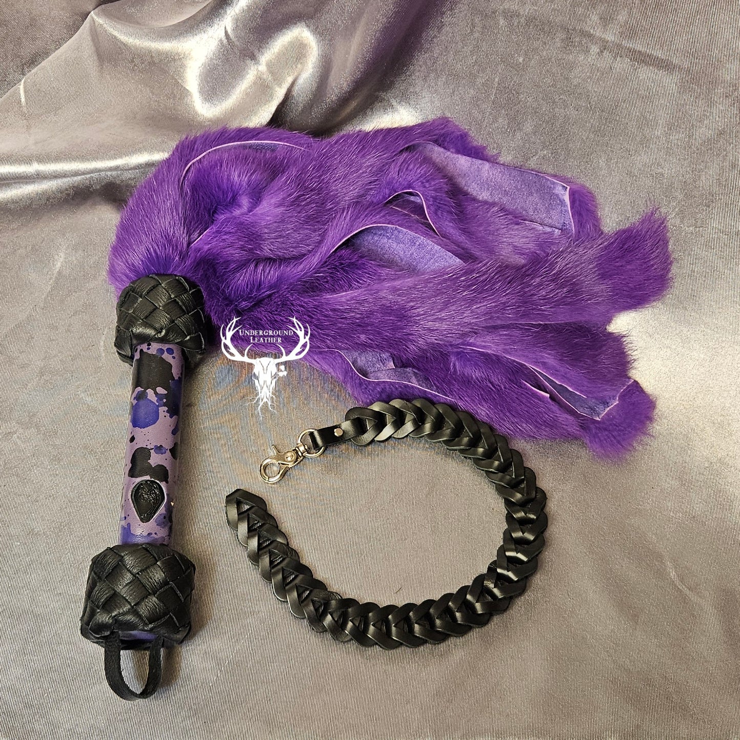 Rabbit Fur Flogger with Clip-in Leather Chain - Purple Splat