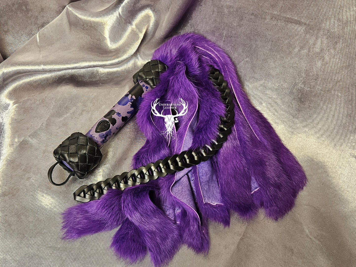 Rabbit Fur Flogger with Clip-in Leather Chain - Purple Splat