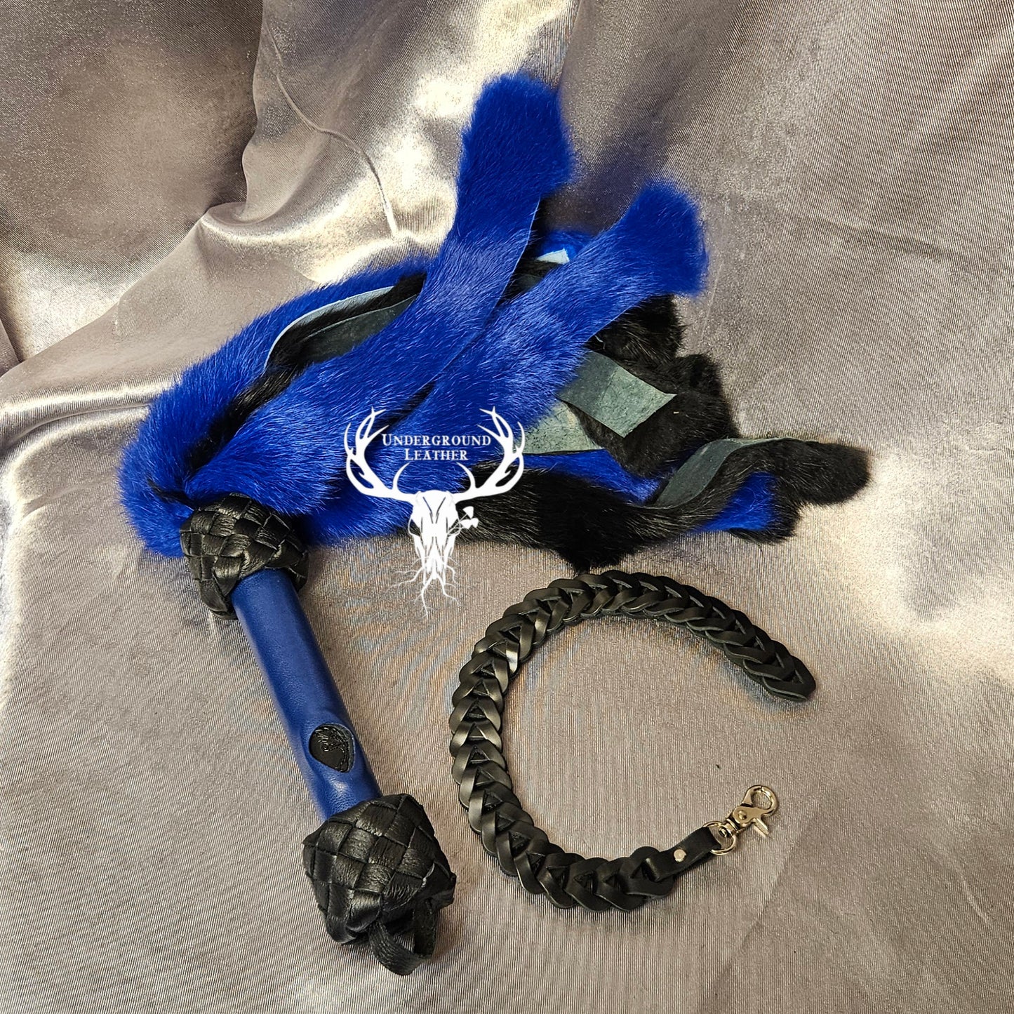 Rabbit Fur Flogger with Clip-in Leather Chain - Blue&Black